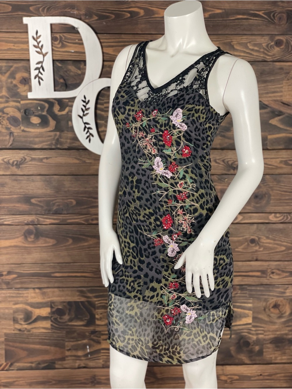 Guess | Odessa Leopard-Print Floral Embroidered Slip Dress Lace Mesh Sheer Slip